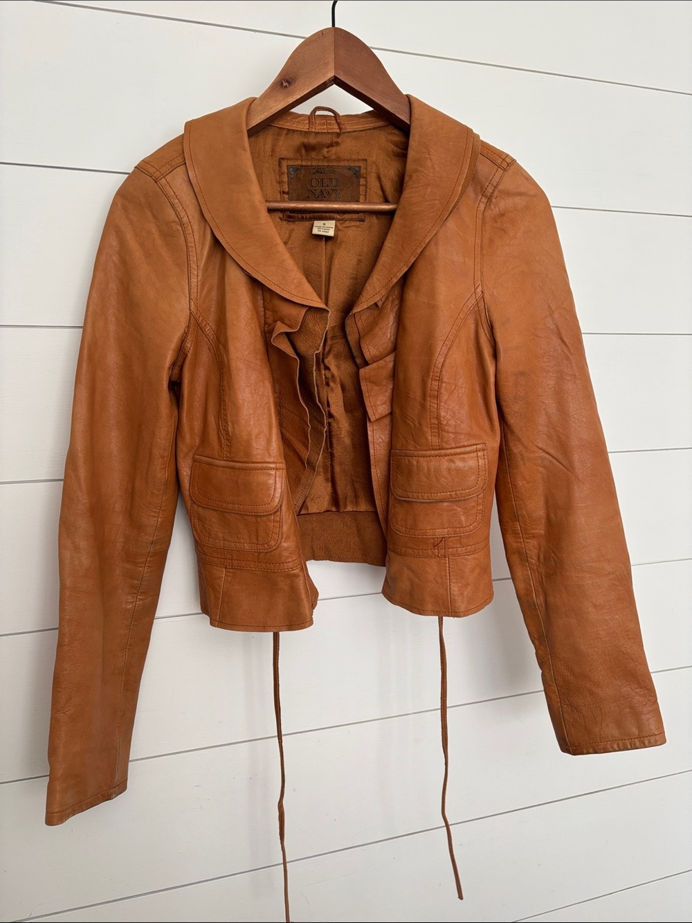 Vintage Cognac Colour Buttery Soft Leather Jacket Sz Small Ruffle Collar